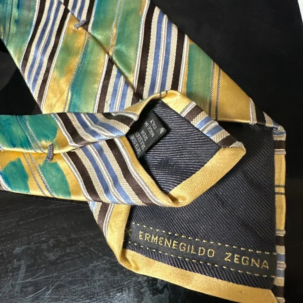 Ermenegildo Zegna Hand Painted SilkTie Striped Necktie Abstract Art Upcycle Red